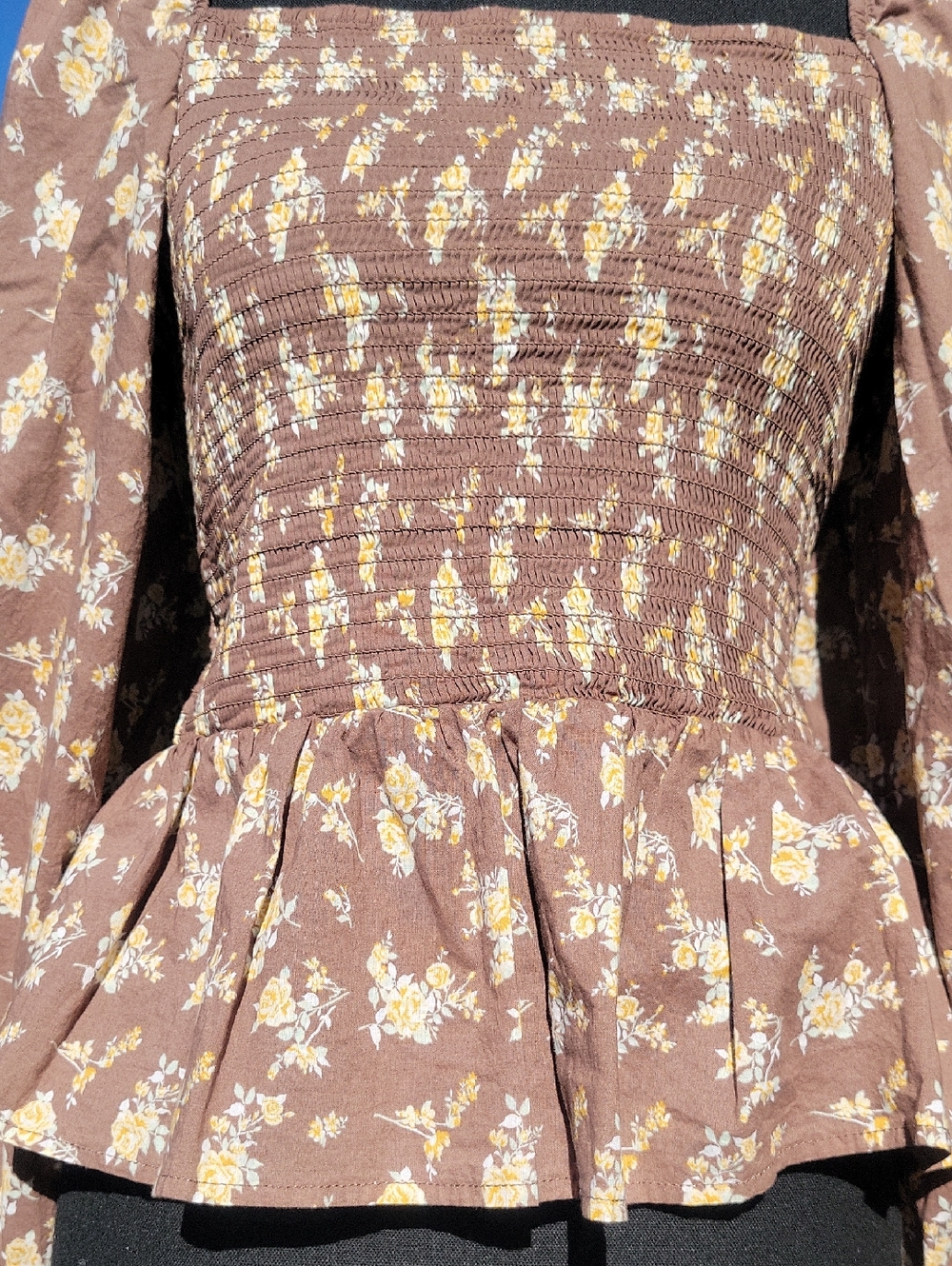 Brown Floral 100% Cotton Puff Sleeve Stretchy Boho Blouse L - Picture 3 of 14